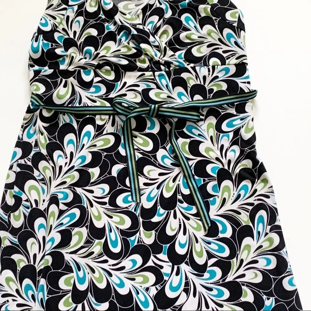 LOFT Dress Brown Blue Green Floral Sleeveless Ribbon Belted Dress Size 6